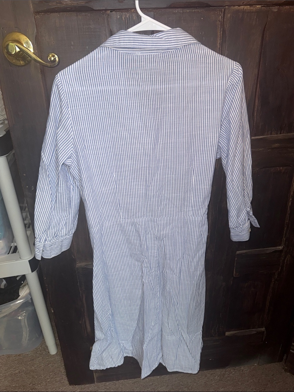 Striped Blue and White Tie-Waist Midi Shirt Dress - Picture 3 of 4